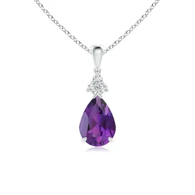 1 CT. Claw-Set Amethyst Drop Pendant with Trio Diamonds