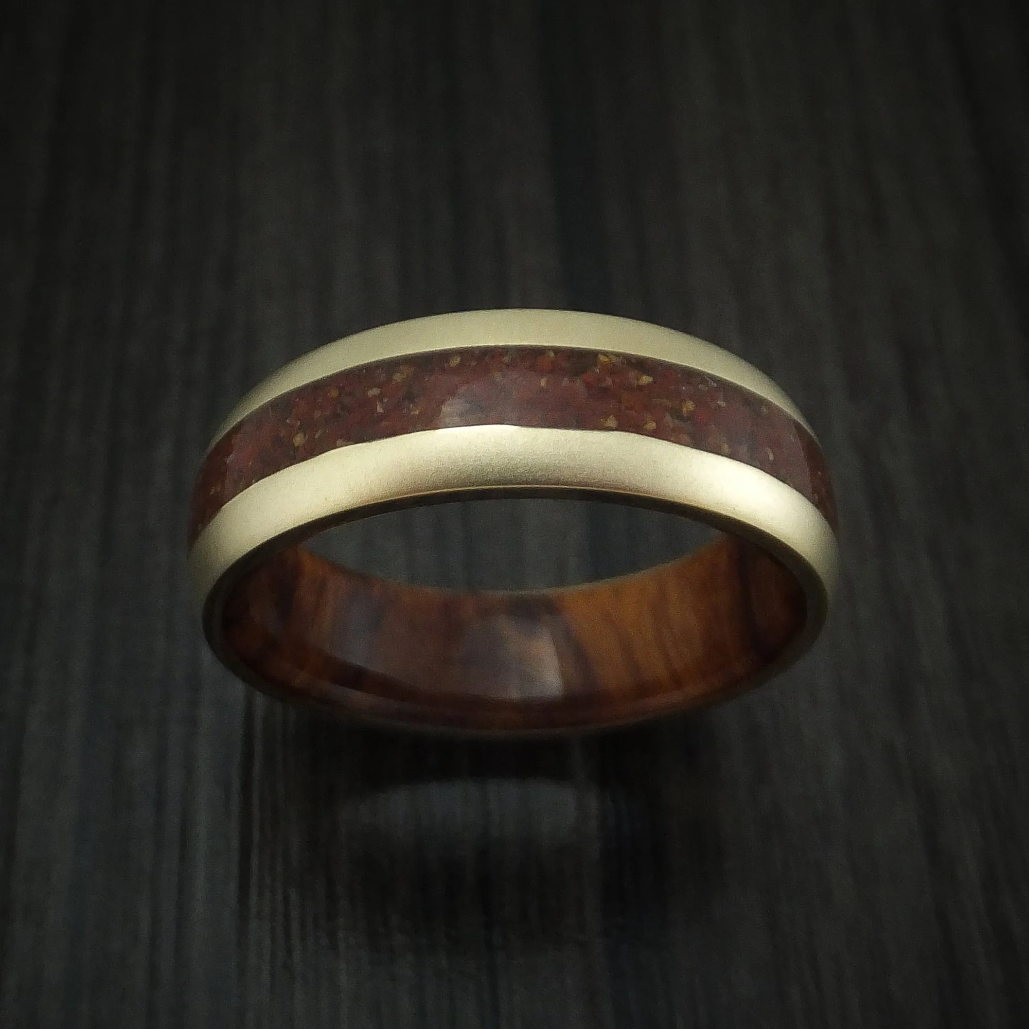 14K Yellow Gold And Mixed Dinosaur Bone Men's Ring With Desert Ironwood Burl Wood Sleeve Custom Made Fossil Band