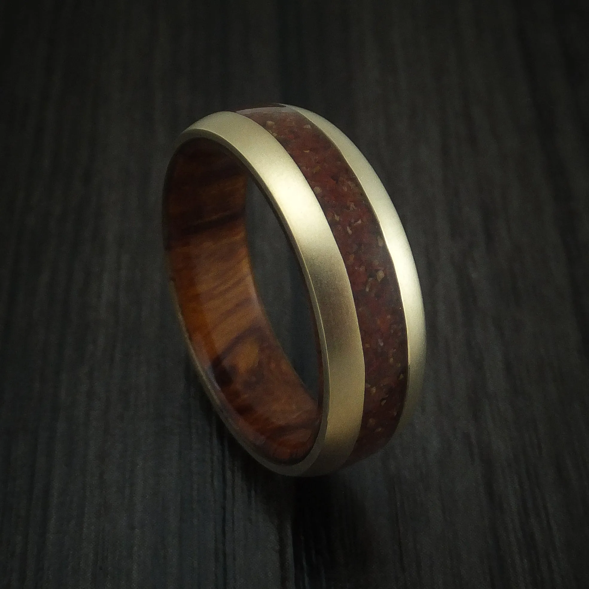 14K Yellow Gold And Mixed Dinosaur Bone Men's Ring With Desert Ironwood Burl Wood Sleeve Custom Made Fossil Band