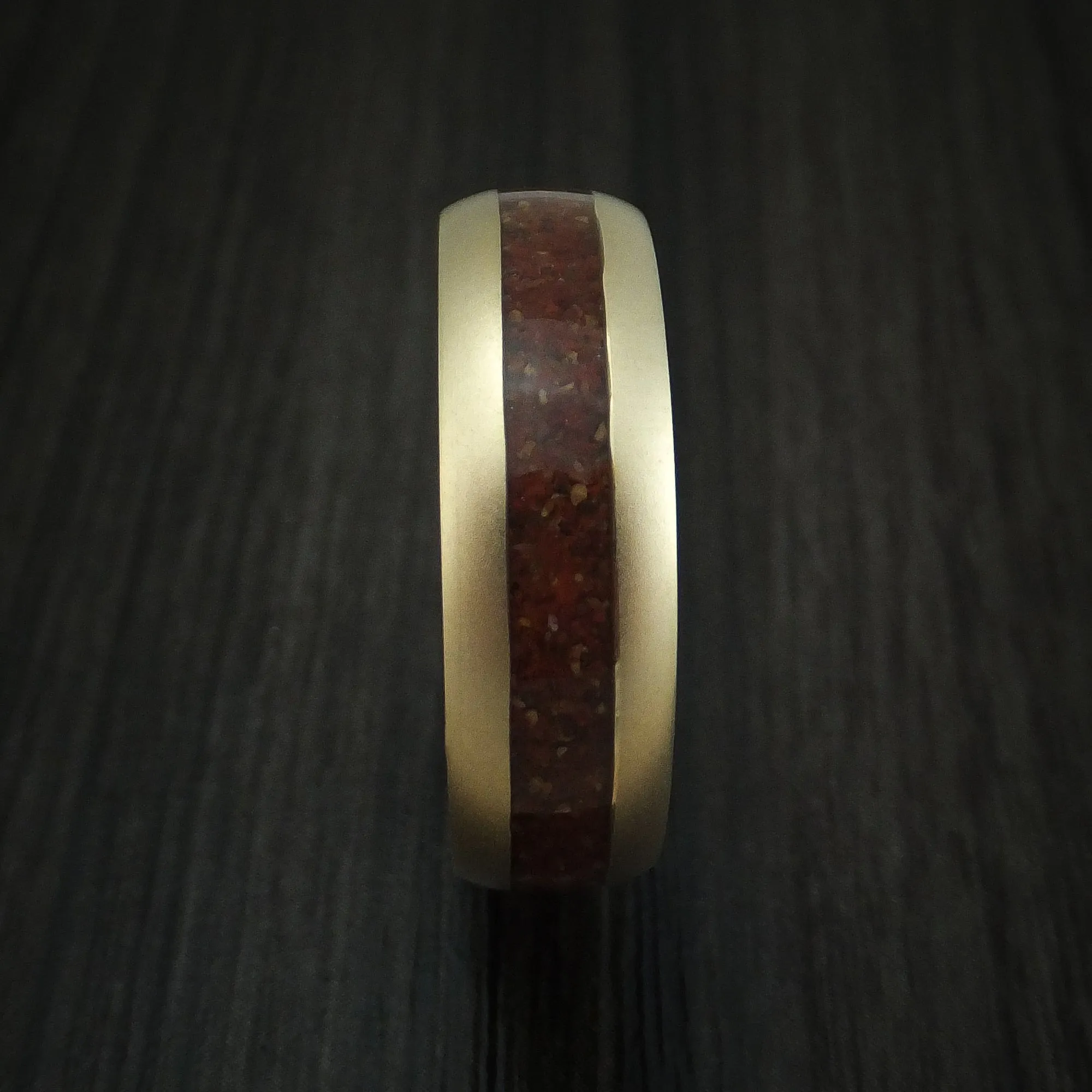 14K Yellow Gold And Mixed Dinosaur Bone Men's Ring With Desert Ironwood Burl Wood Sleeve Custom Made Fossil Band