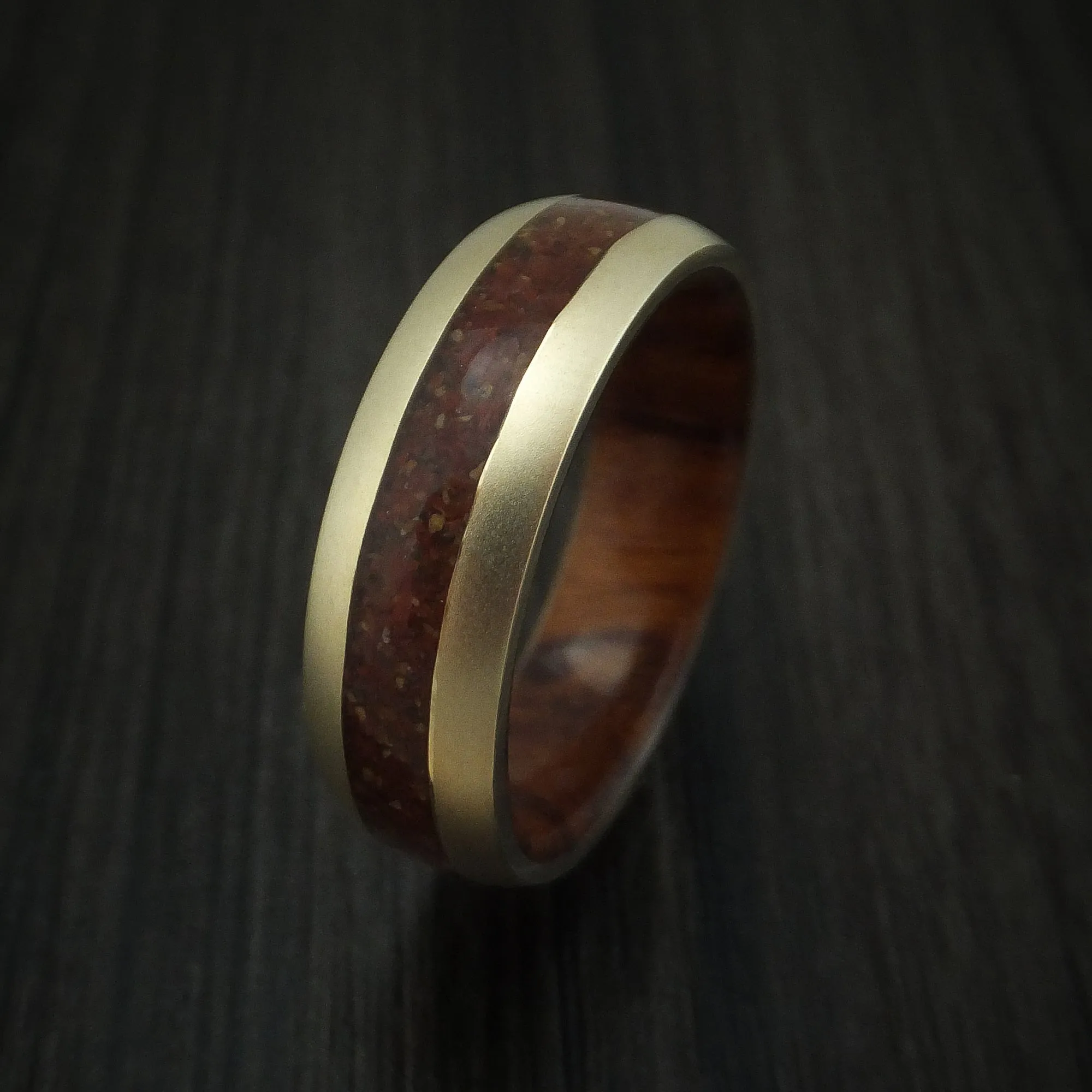 14K Yellow Gold And Mixed Dinosaur Bone Men's Ring With Desert Ironwood Burl Wood Sleeve Custom Made Fossil Band