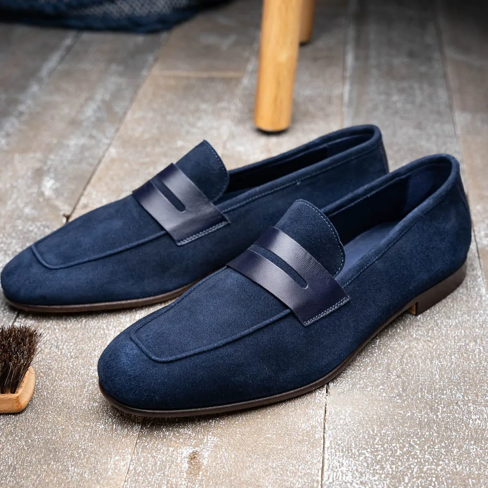 16-672-NVY Tippa Suede & Calfskin Penny Loafers Navy