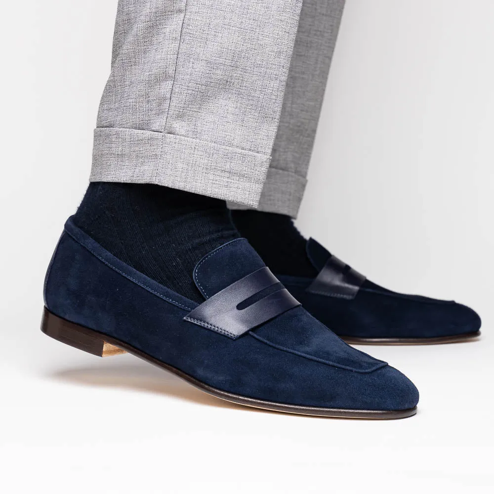 16-672-NVY Tippa Suede & Calfskin Penny Loafers Navy