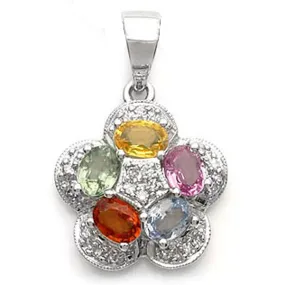 18k White Gold Multi-Colored Sapphire and Diamond Flower Pendant