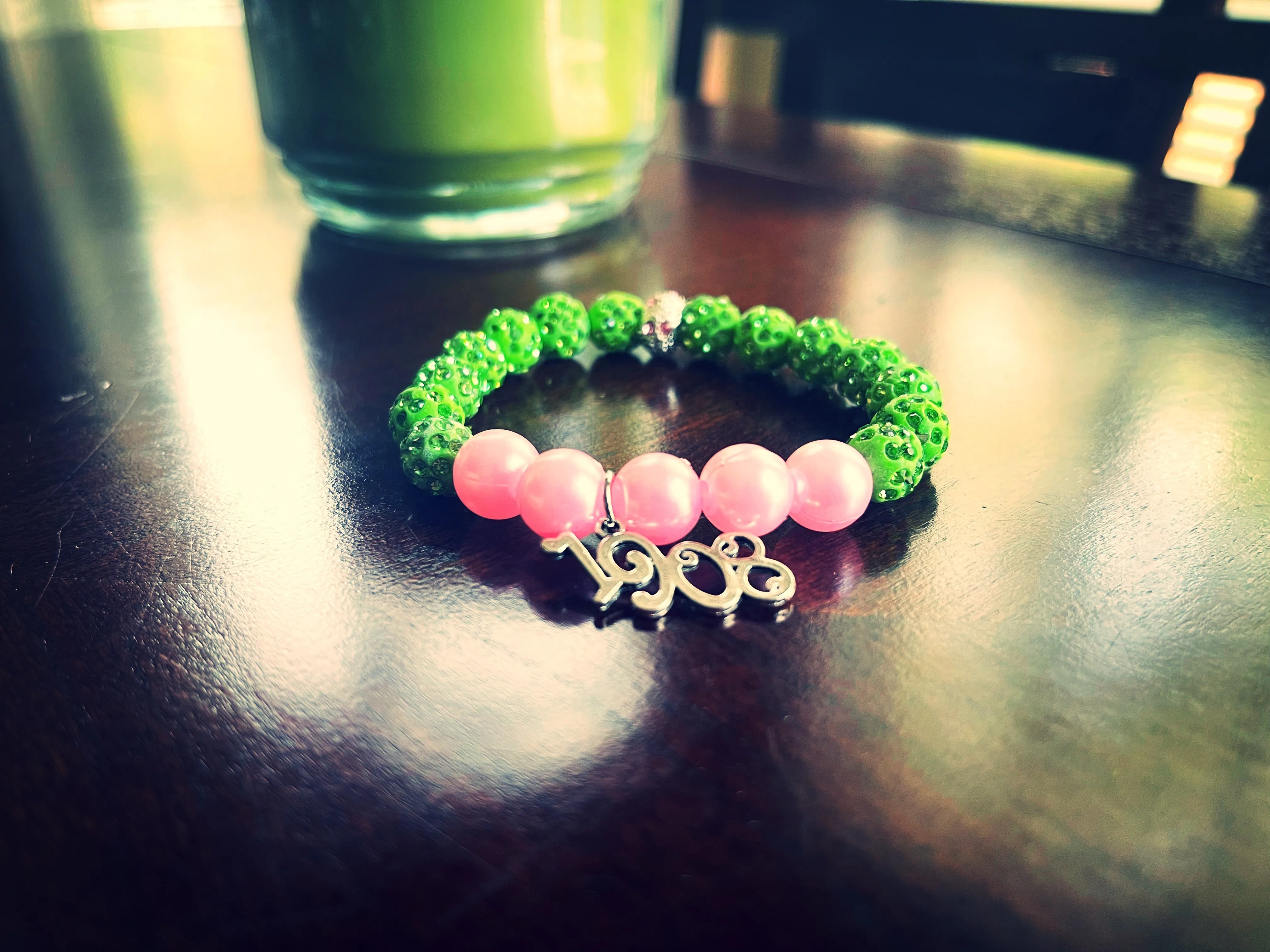 1908 AKA Pink and Green Charm Beaded Bracelet | 10mm