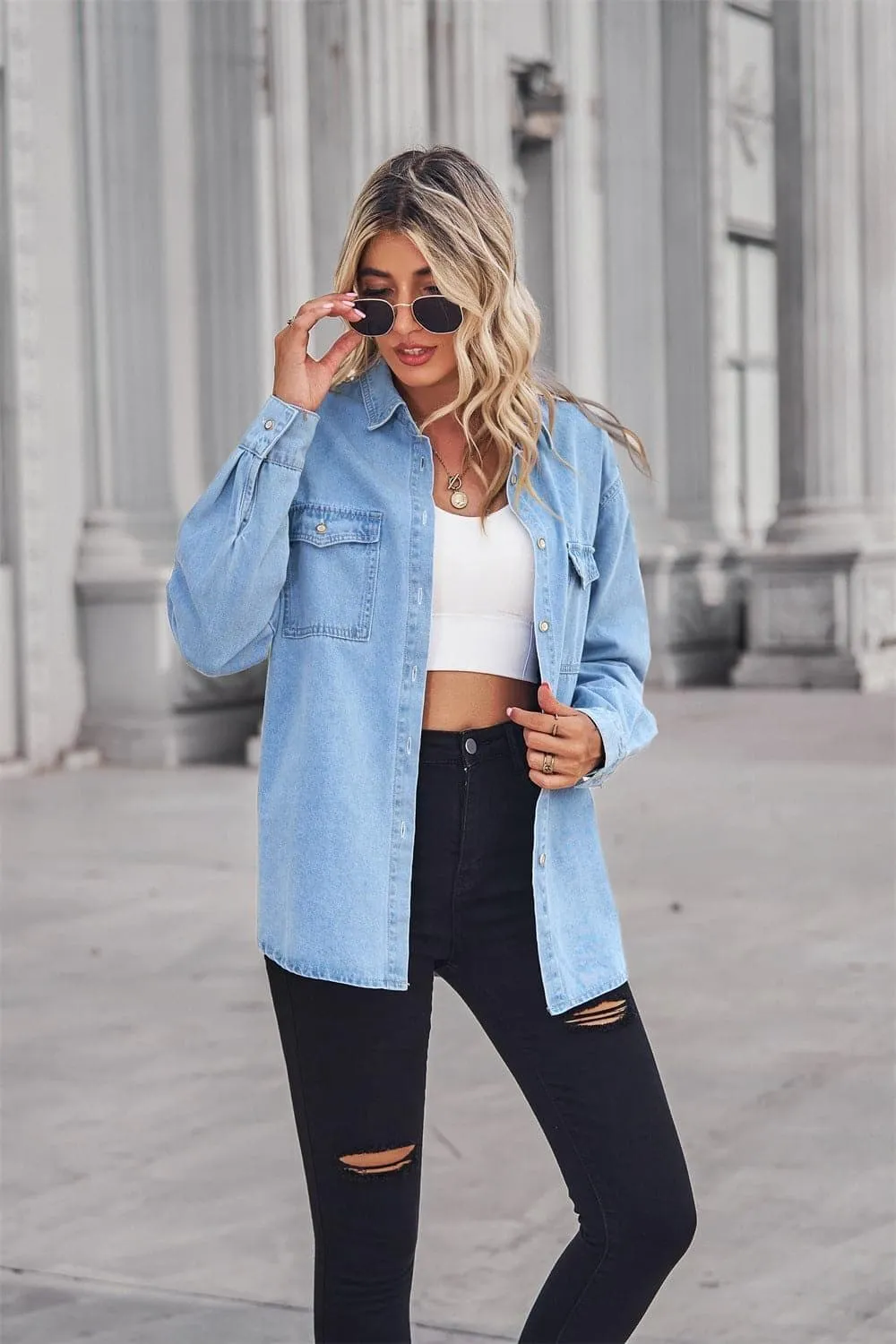 Amber Collared Neck Dropped Shoulder Denim Top