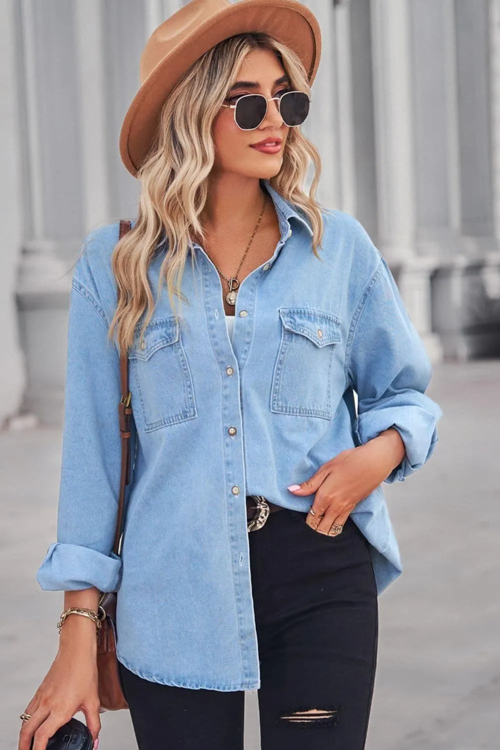 Amber Collared Neck Dropped Shoulder Denim Top