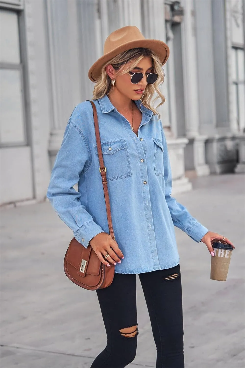 Amber Collared Neck Dropped Shoulder Denim Top