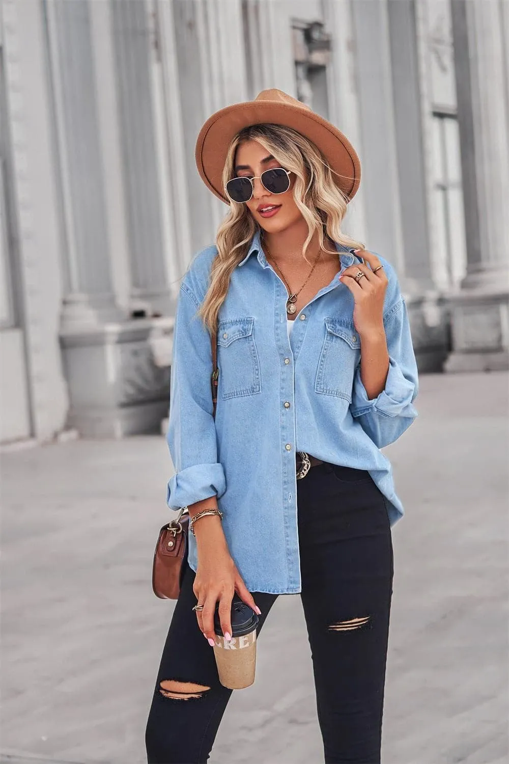 Amber Collared Neck Dropped Shoulder Denim Top