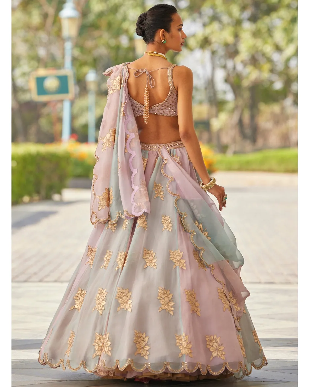 Ash Pink Flower Lehenga Set