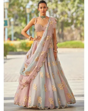 Ash Pink Flower Lehenga Set