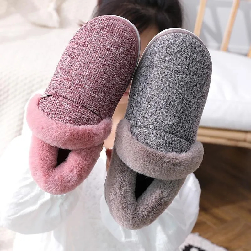 Autumn Women Warm Faux Fur Cotton Fluffy Soft Comfort Slip-on Home Slippers