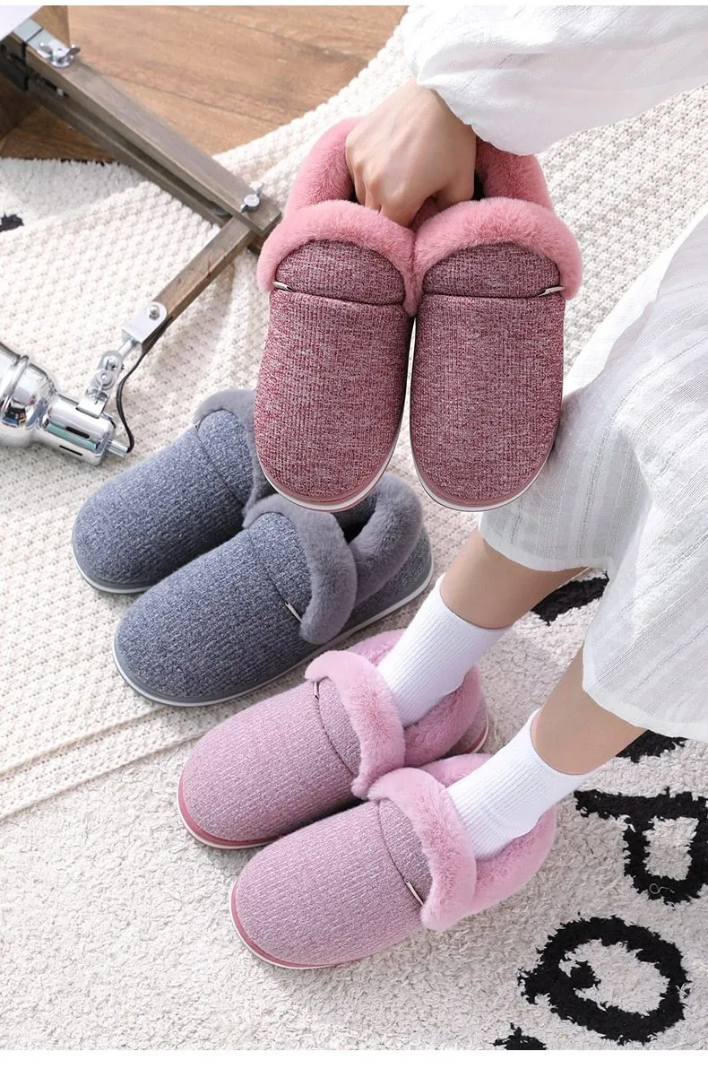 Autumn Women Warm Faux Fur Cotton Fluffy Soft Comfort Slip-on Home Slippers