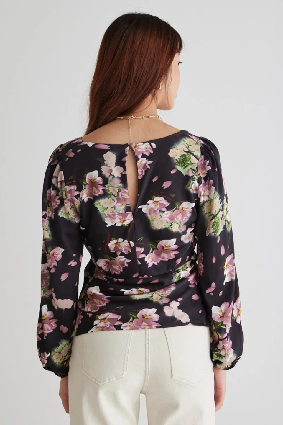 Bailey Black Floral Satin Bias Balloon Sleeve Top