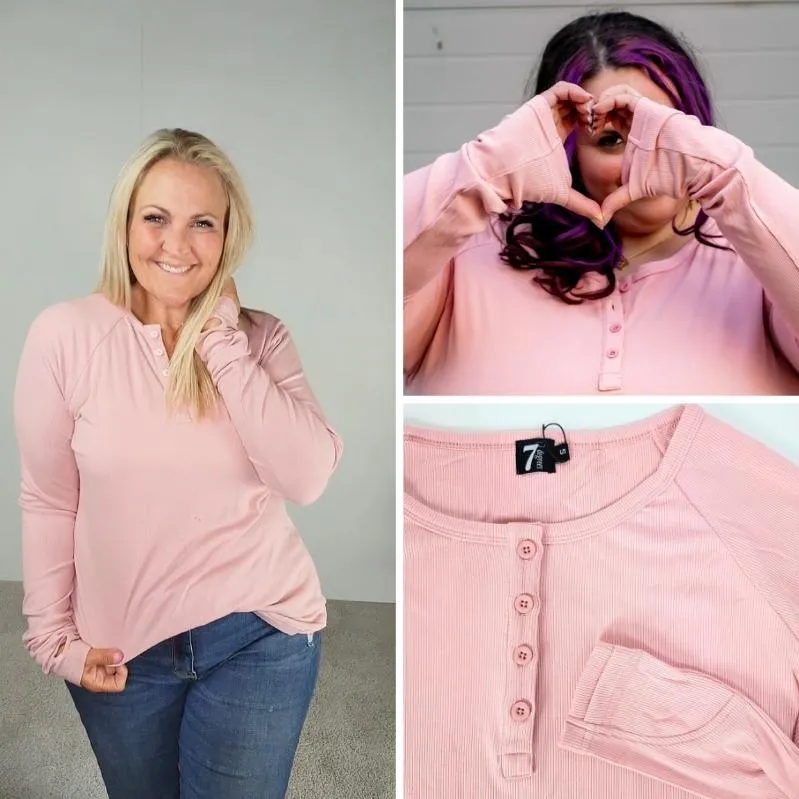 Ballet Pink Ribbed Long Sleeve Womens Henley