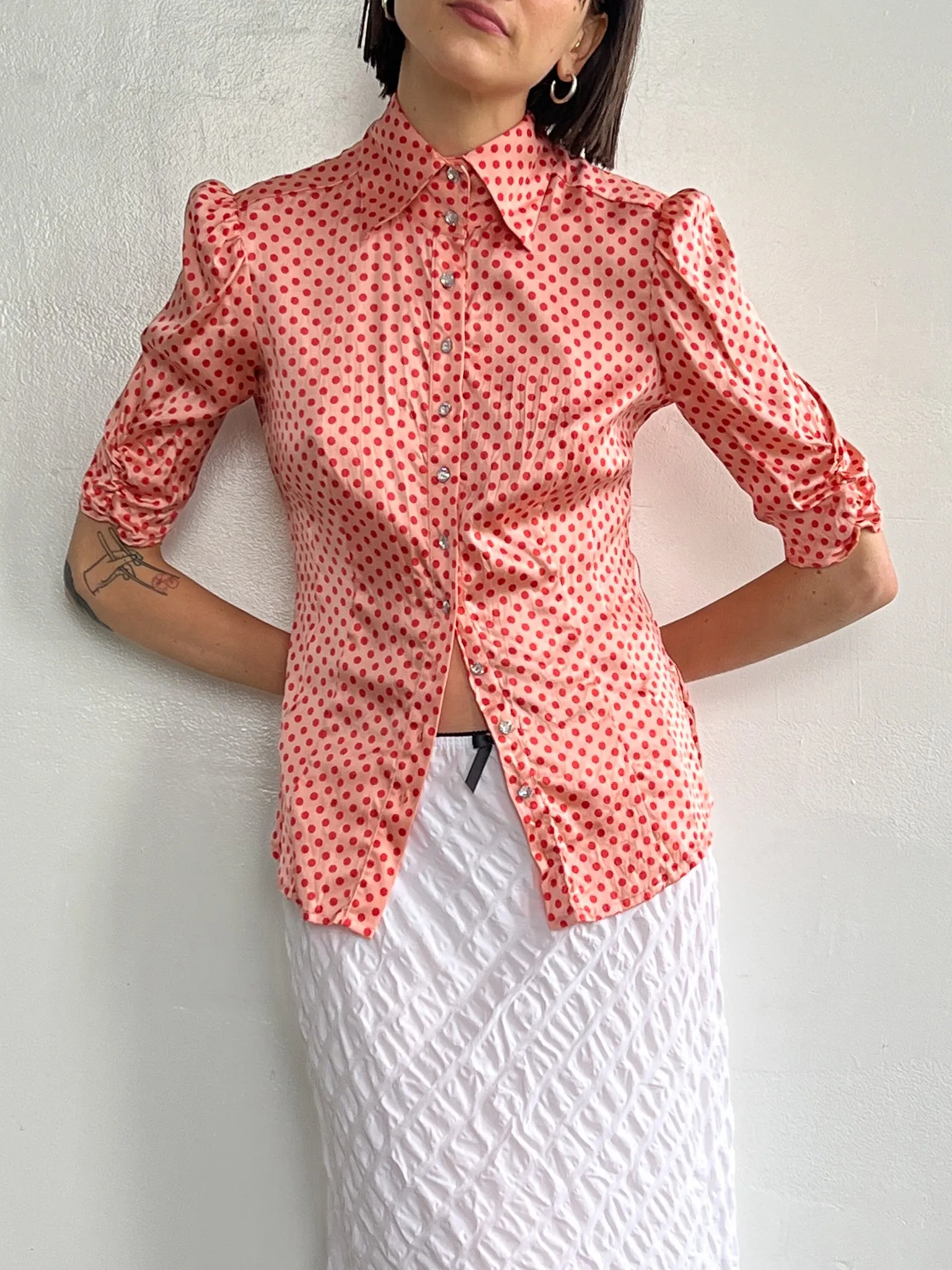 Bebe Silk Pink Dotted Blouse (S)