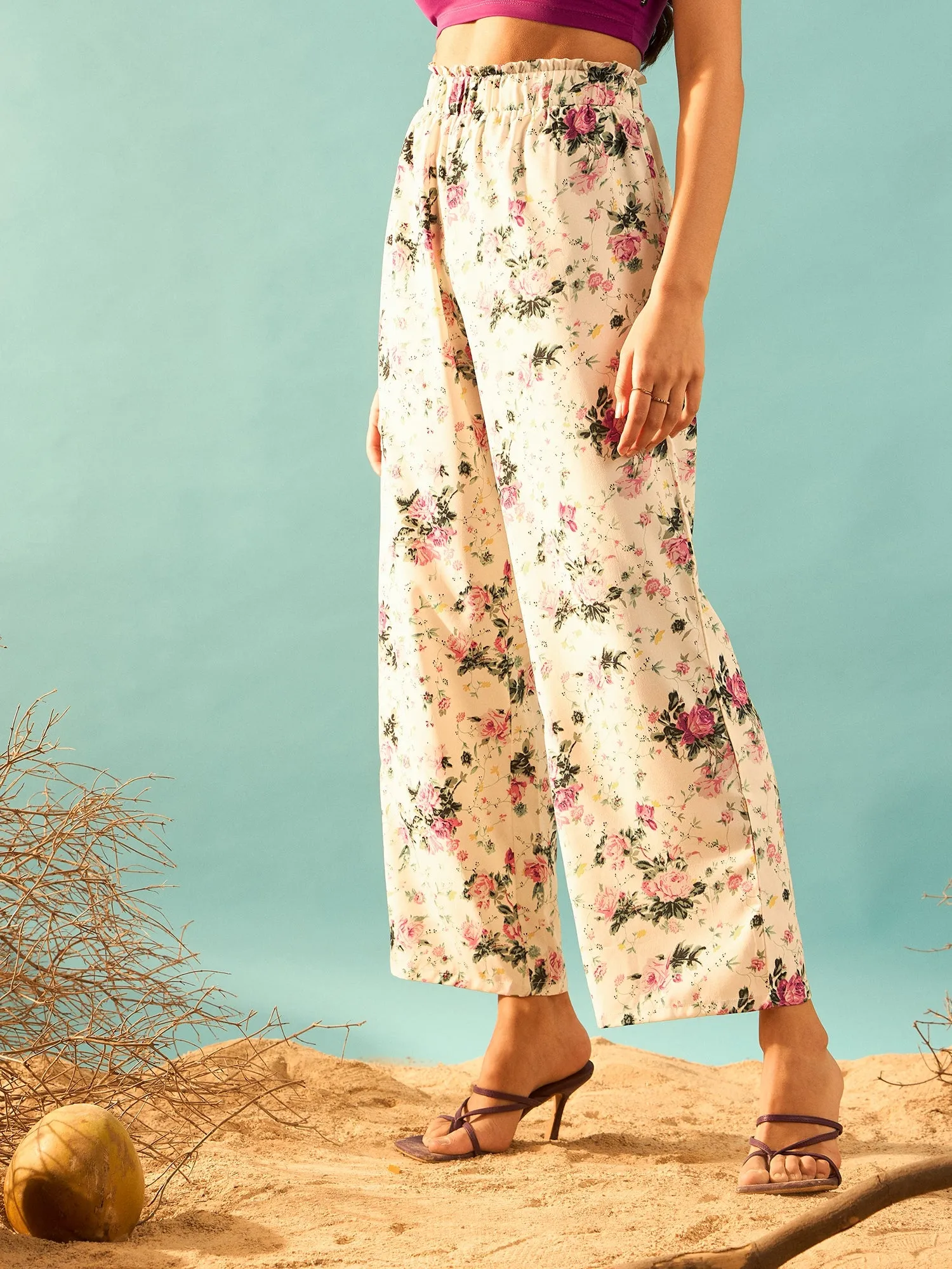 Berrylush Women Beige & Pink Floral Printed High-Rise Elastic Waist Loose-Fit Slip-On Pleated Regular Trousers