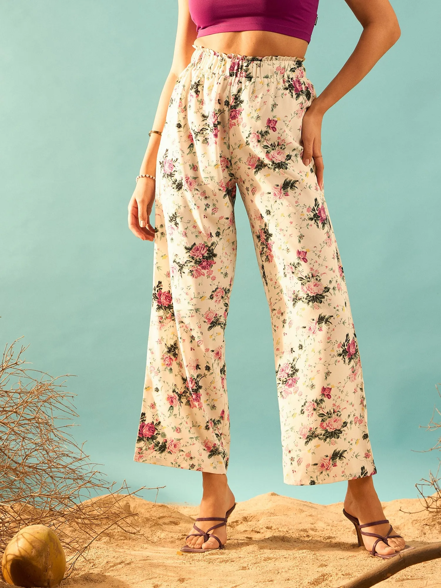 Berrylush Women Beige & Pink Floral Printed High-Rise Elastic Waist Loose-Fit Slip-On Pleated Regular Trousers