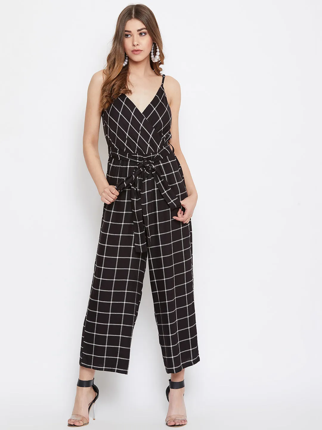 Berrylush Women Black and White Checked Pattern V-Neck Cotton Waist Tie-Up Ankle Length Jumpsuit