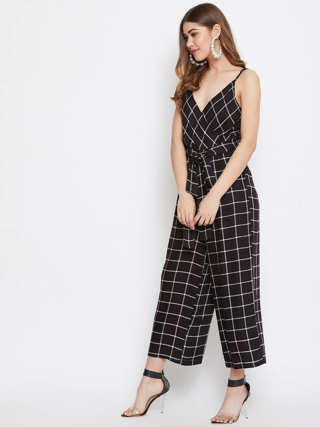 Berrylush Women Black and White Checked Pattern V-Neck Cotton Waist Tie-Up Ankle Length Jumpsuit