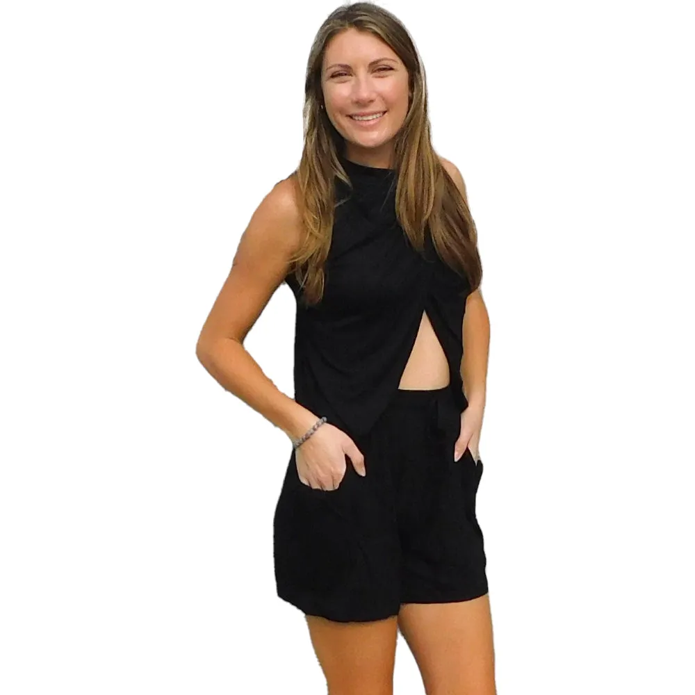 Black Eco-Friendly Beachwood Modal Shorts with Waist Tie