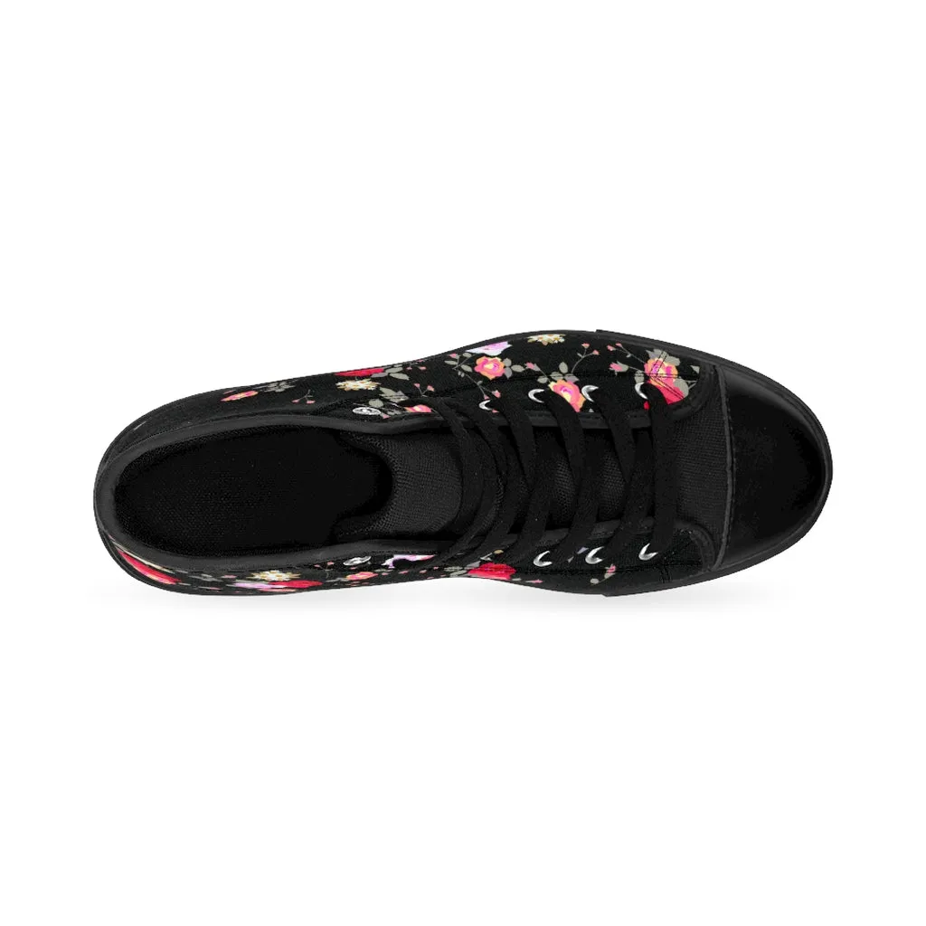 Black Floral Women's Sneakers, Rose Flower Print Designer High-top Fashion Tennis Shoes