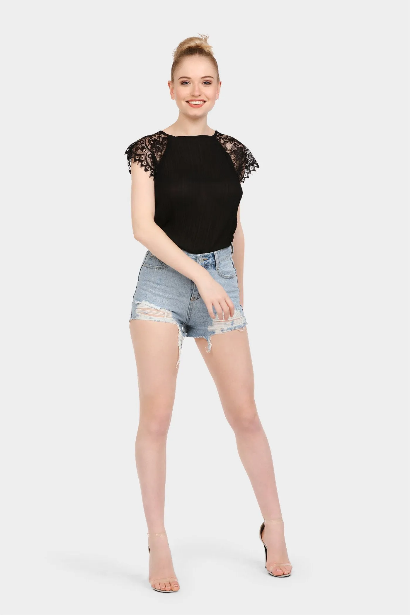 Black Lace Sleeve Pleated Top