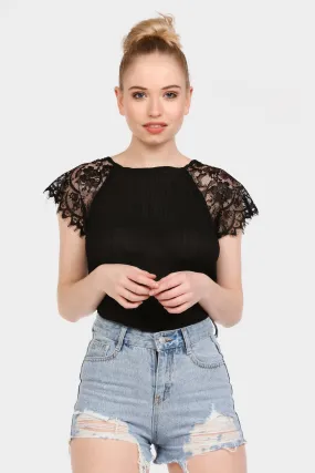 Black Lace Sleeve Pleated Top