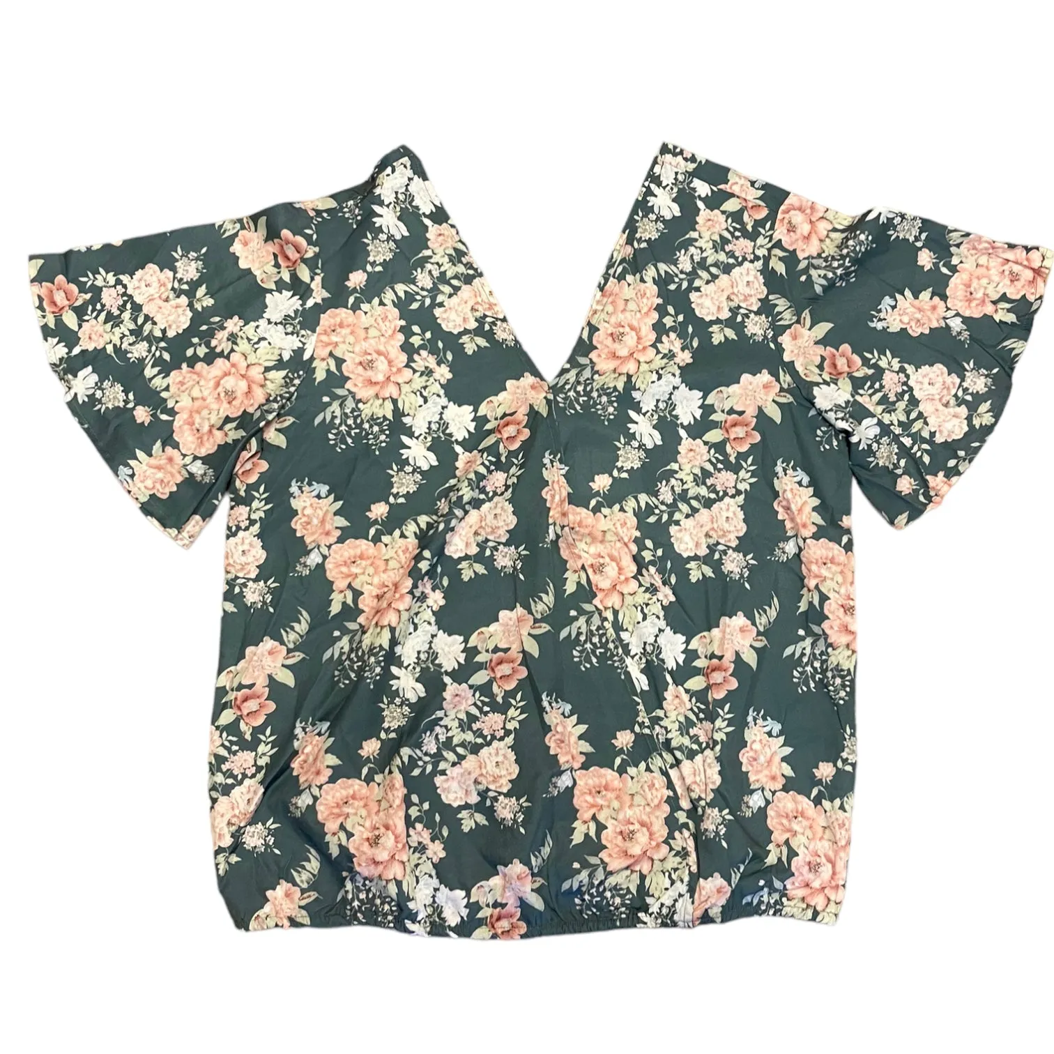 Bloomchic Short Sleeve Green Pink Floral V Neck Wrap Shirt Size 10