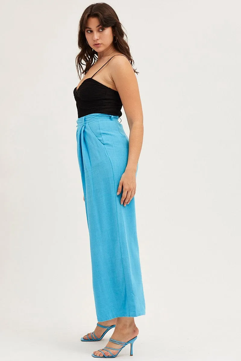 Blue Pants Pleated Wide Leg