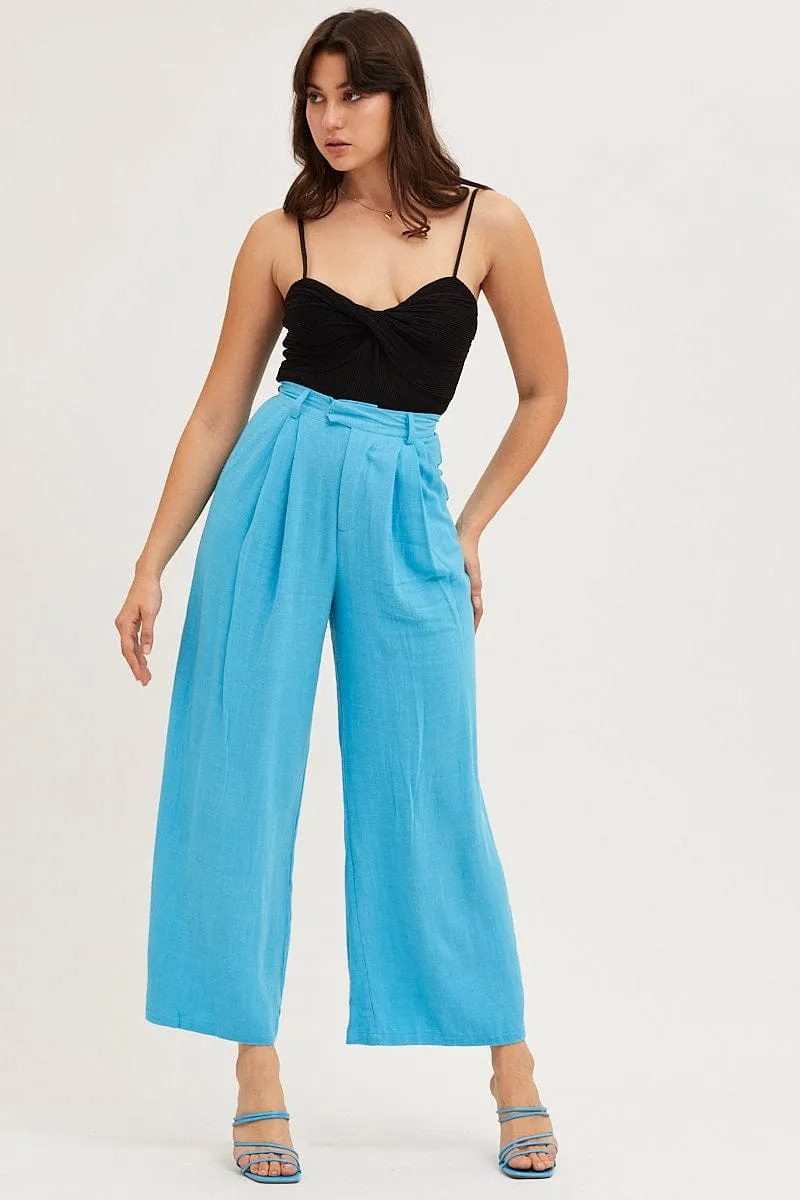 Blue Pants Pleated Wide Leg