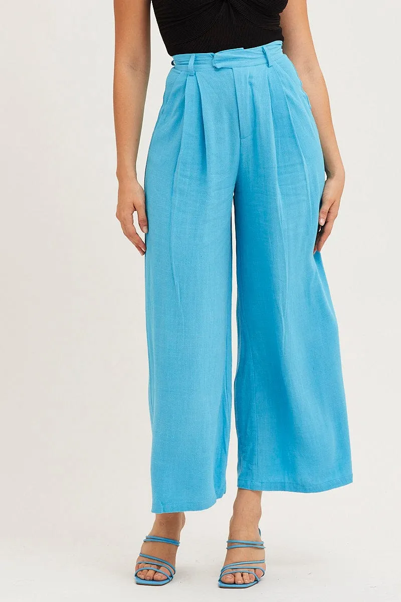 Blue Pants Pleated Wide Leg