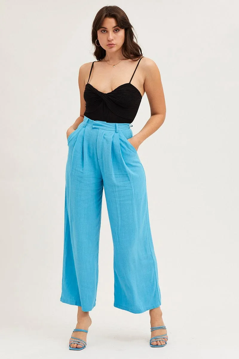 Blue Pants Pleated Wide Leg