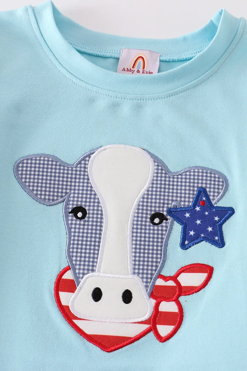 Blue patriotic cow applique boy set