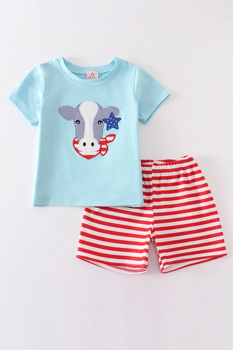 Blue patriotic cow applique boy set