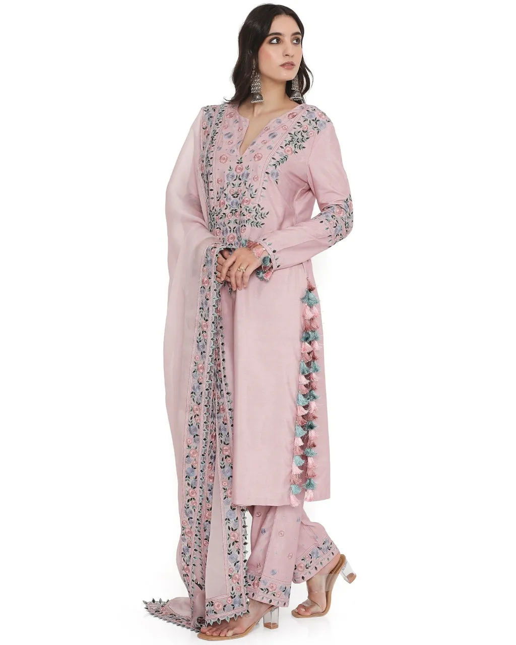 Blush Pink Embroidered Kurta With Pant And Embroidered Dupatta