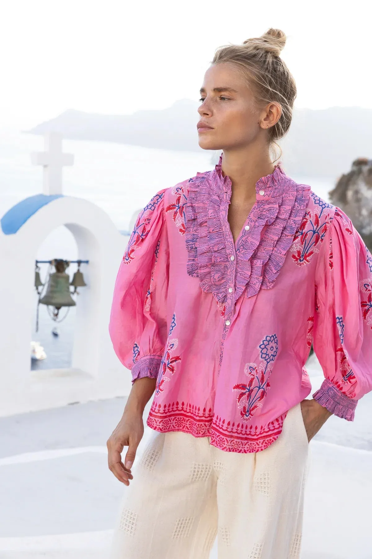 Boca Pink Ruffled Button Front Blouse