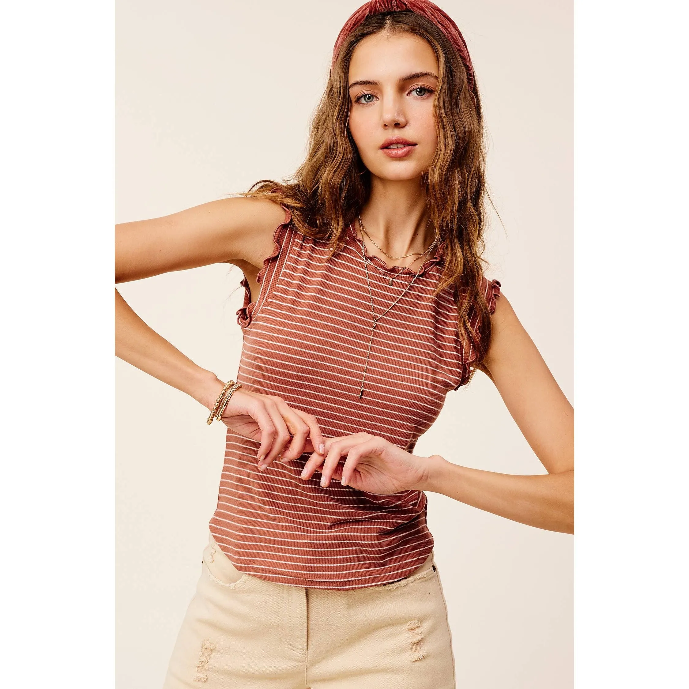 Brushed Stripe Ruffle Sleeve Spring Summer Top