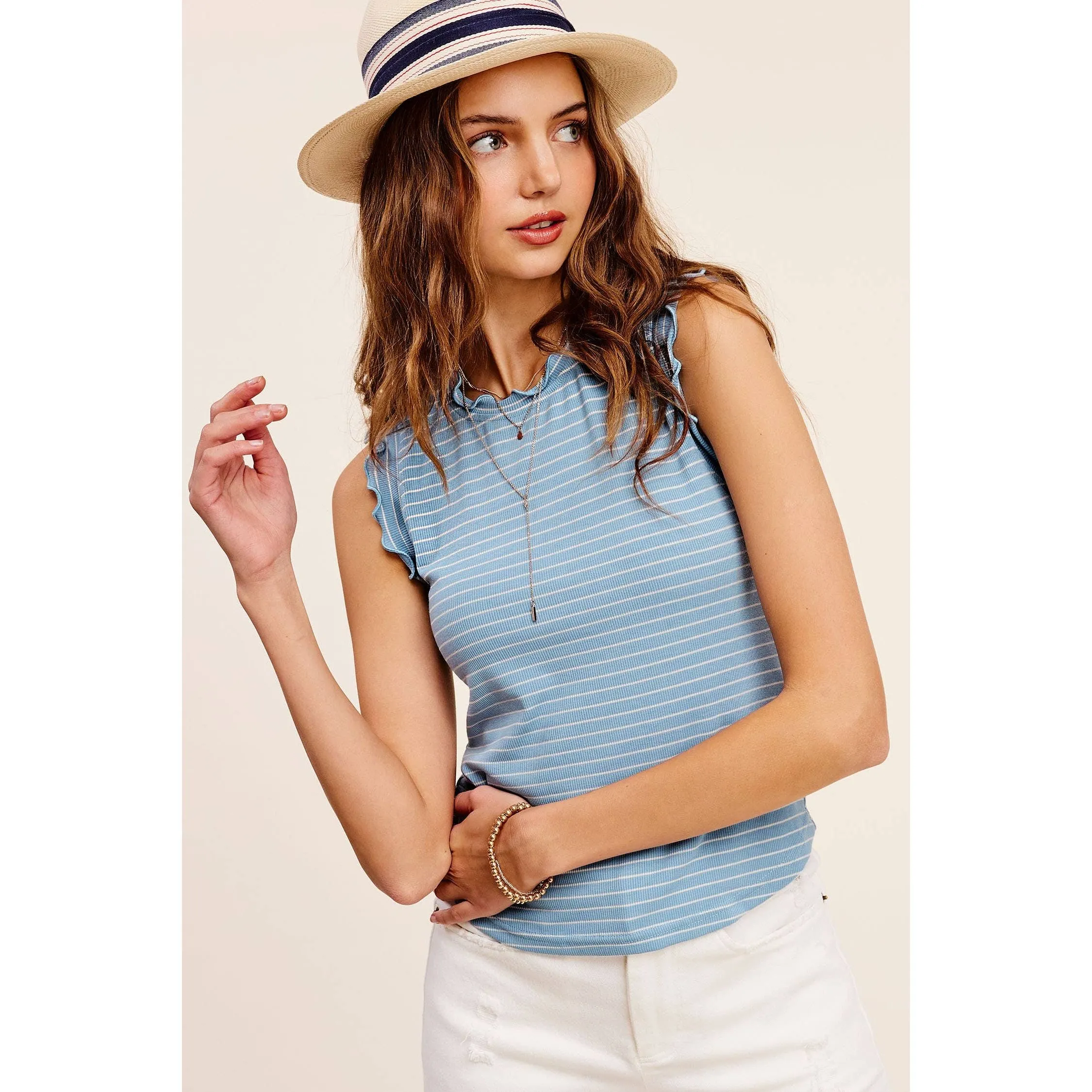 Brushed Stripe Ruffle Sleeve Spring Summer Top