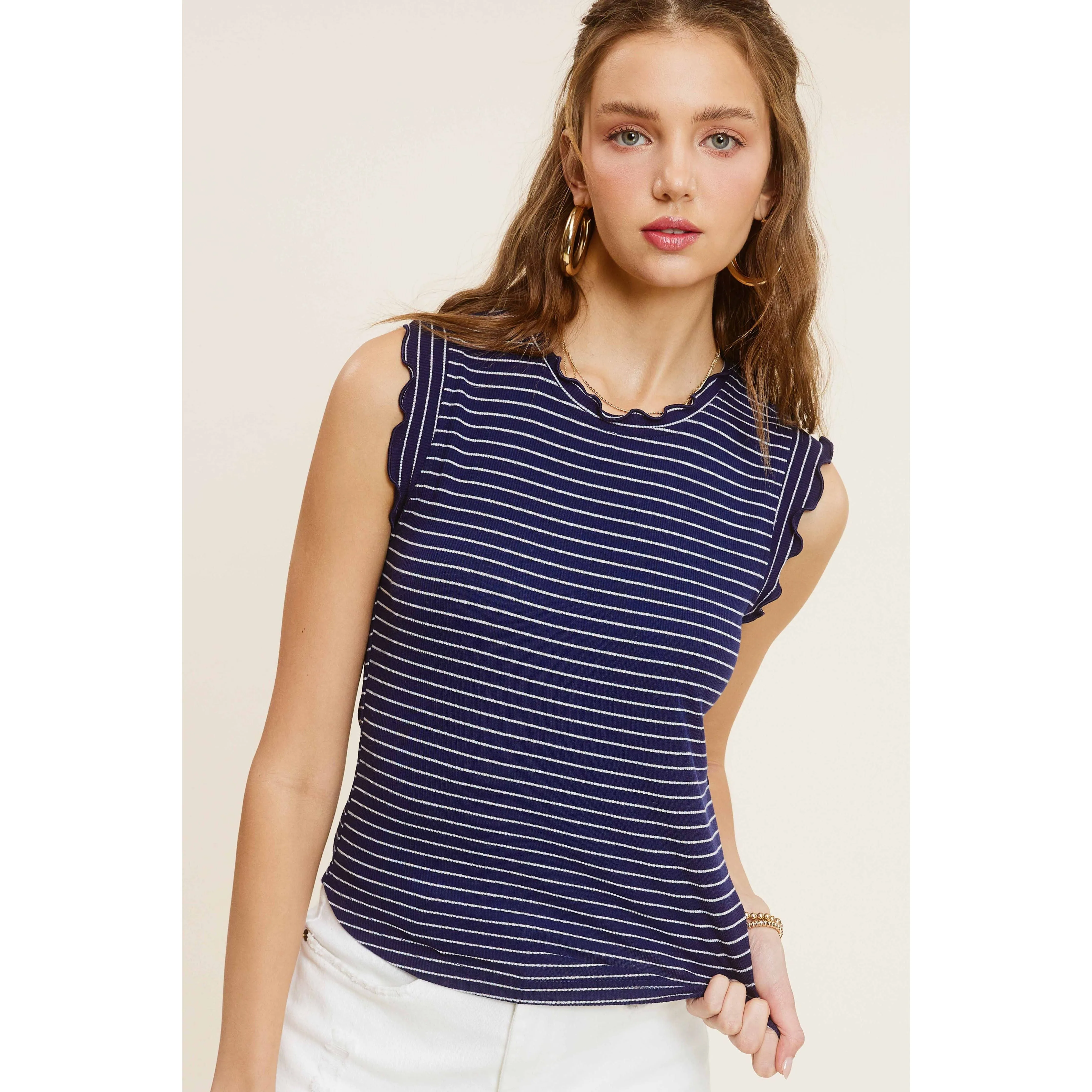 Brushed Stripe Ruffle Sleeve Spring Summer Top