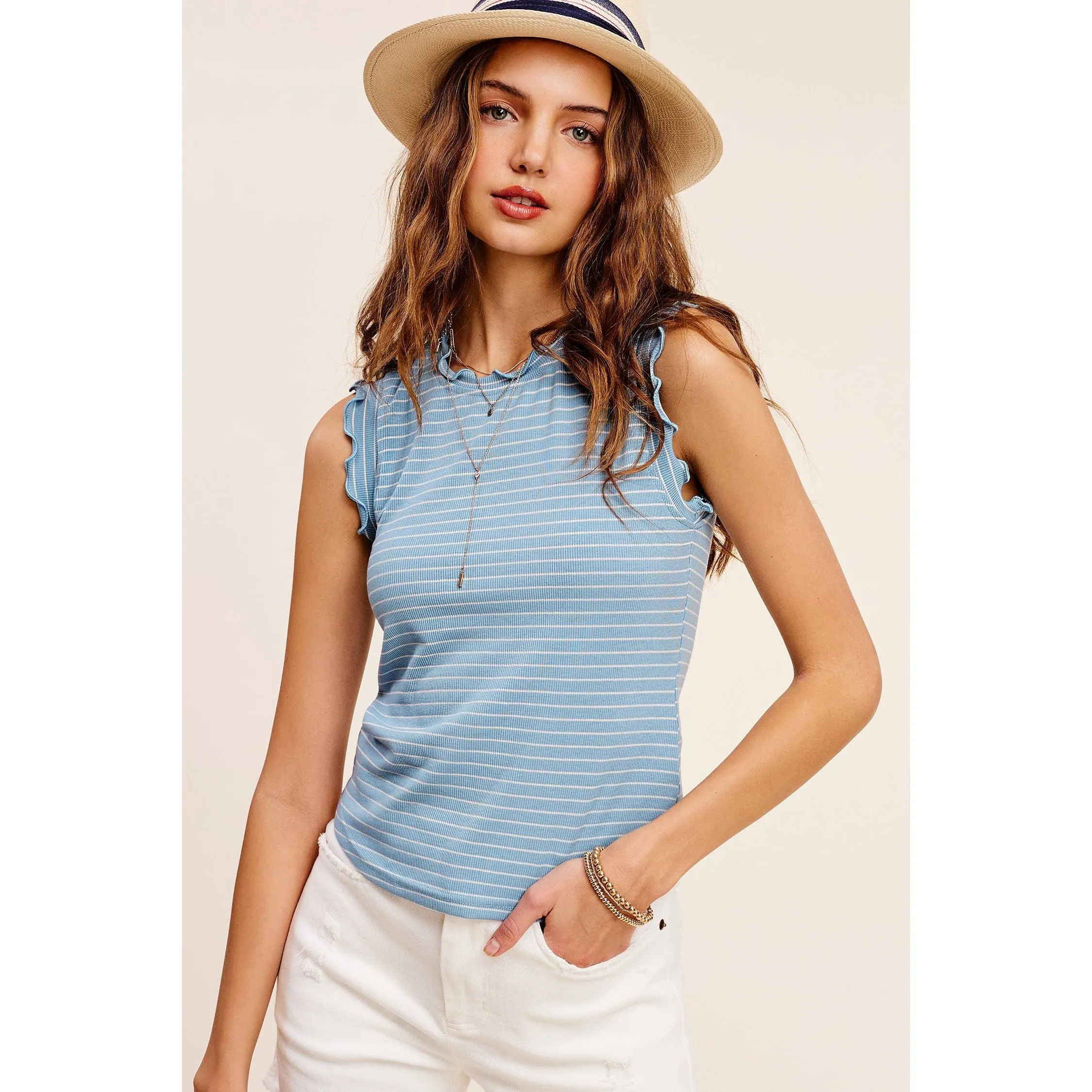 Brushed Stripe Ruffle Sleeve Spring Summer Top