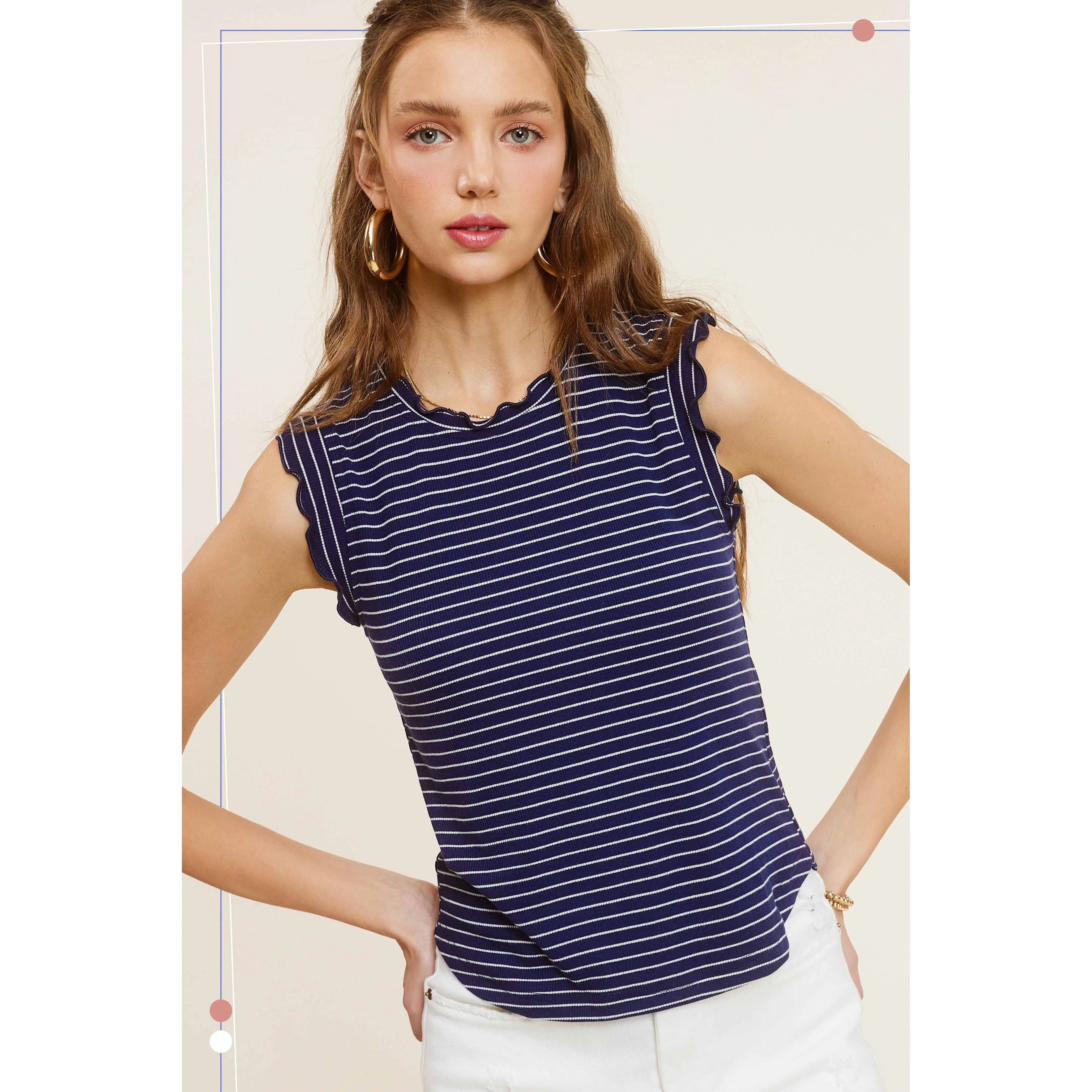 Brushed Stripe Ruffle Sleeve Spring Summer Top