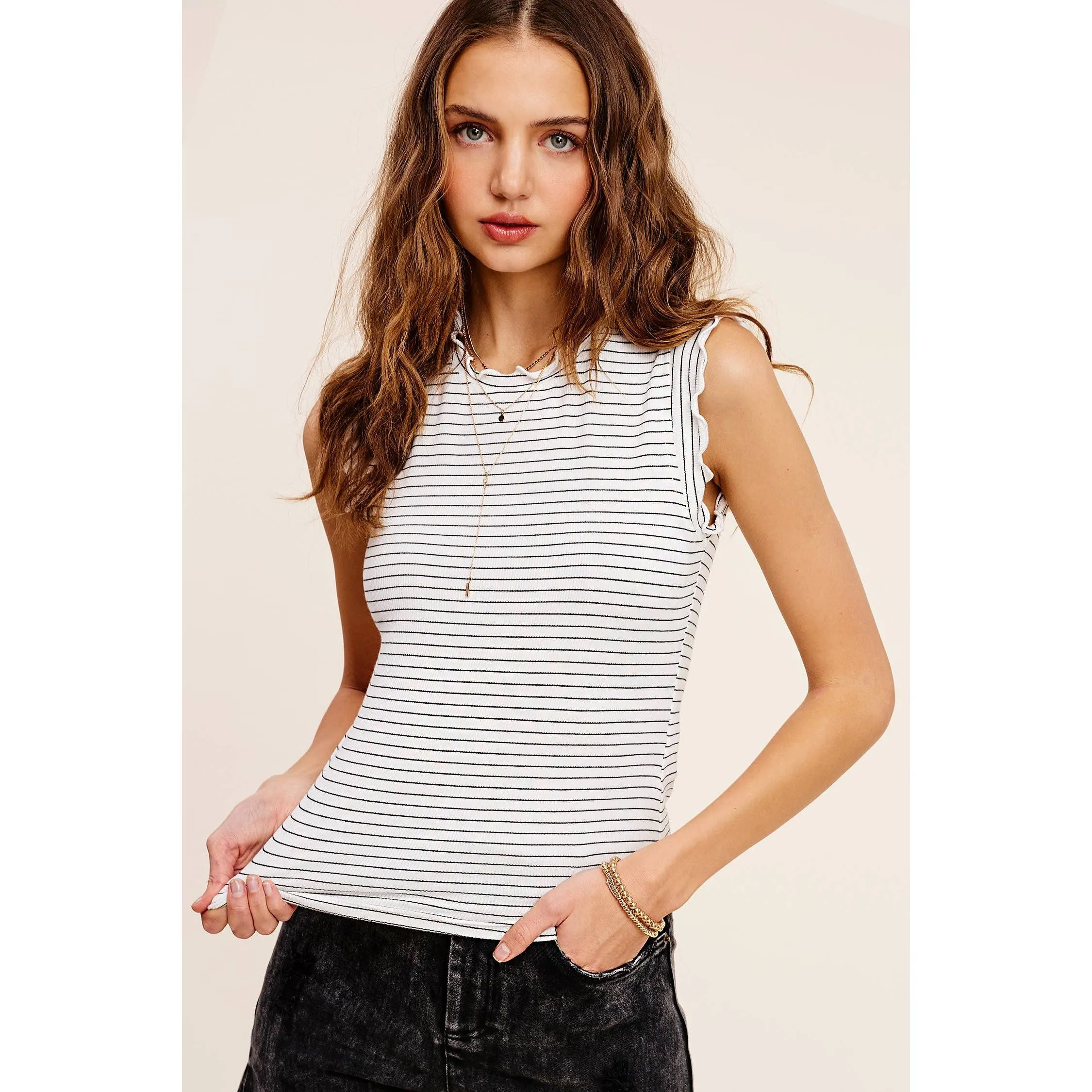 Brushed Stripe Ruffle Sleeve Spring Summer Top