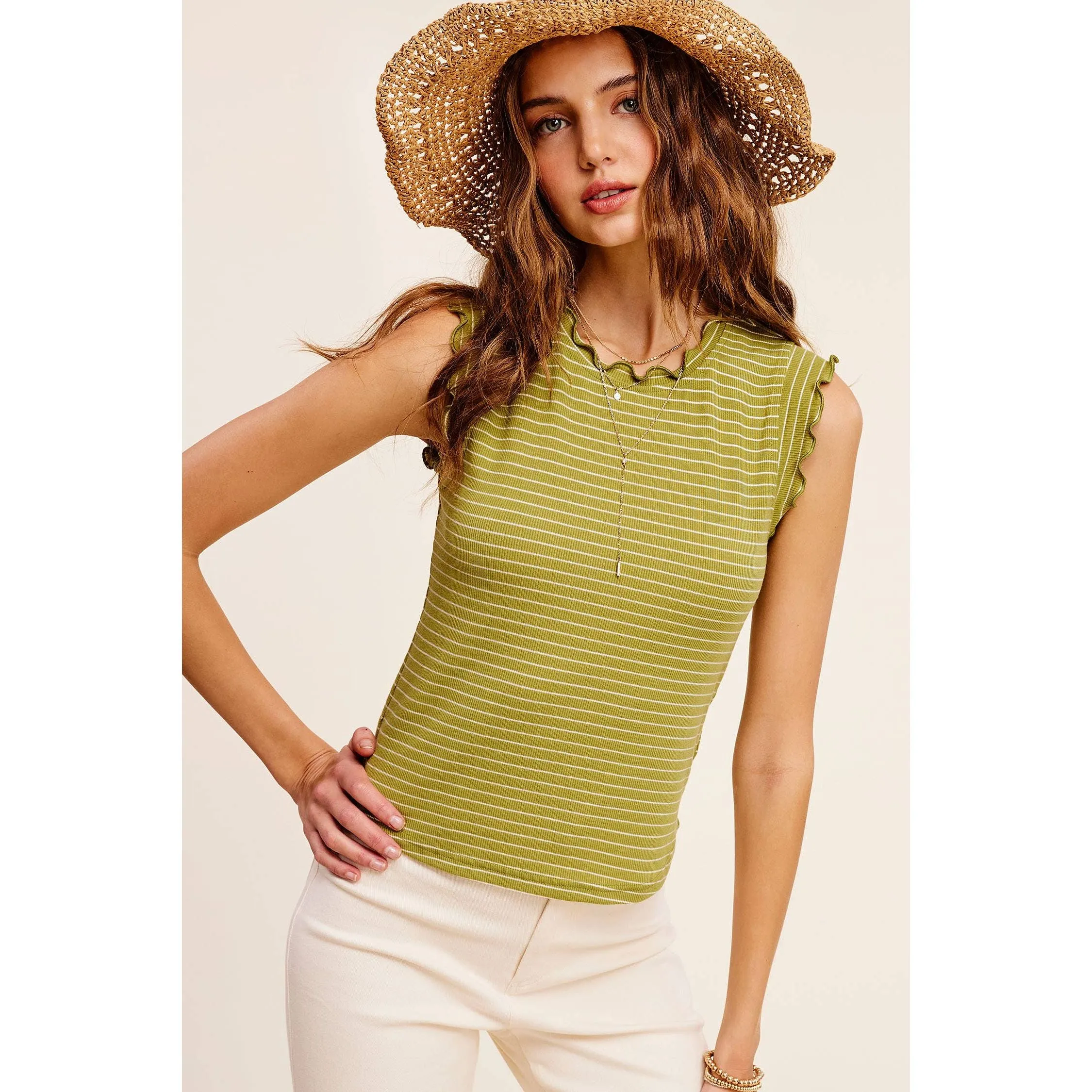 Brushed Stripe Ruffle Sleeve Spring Summer Top