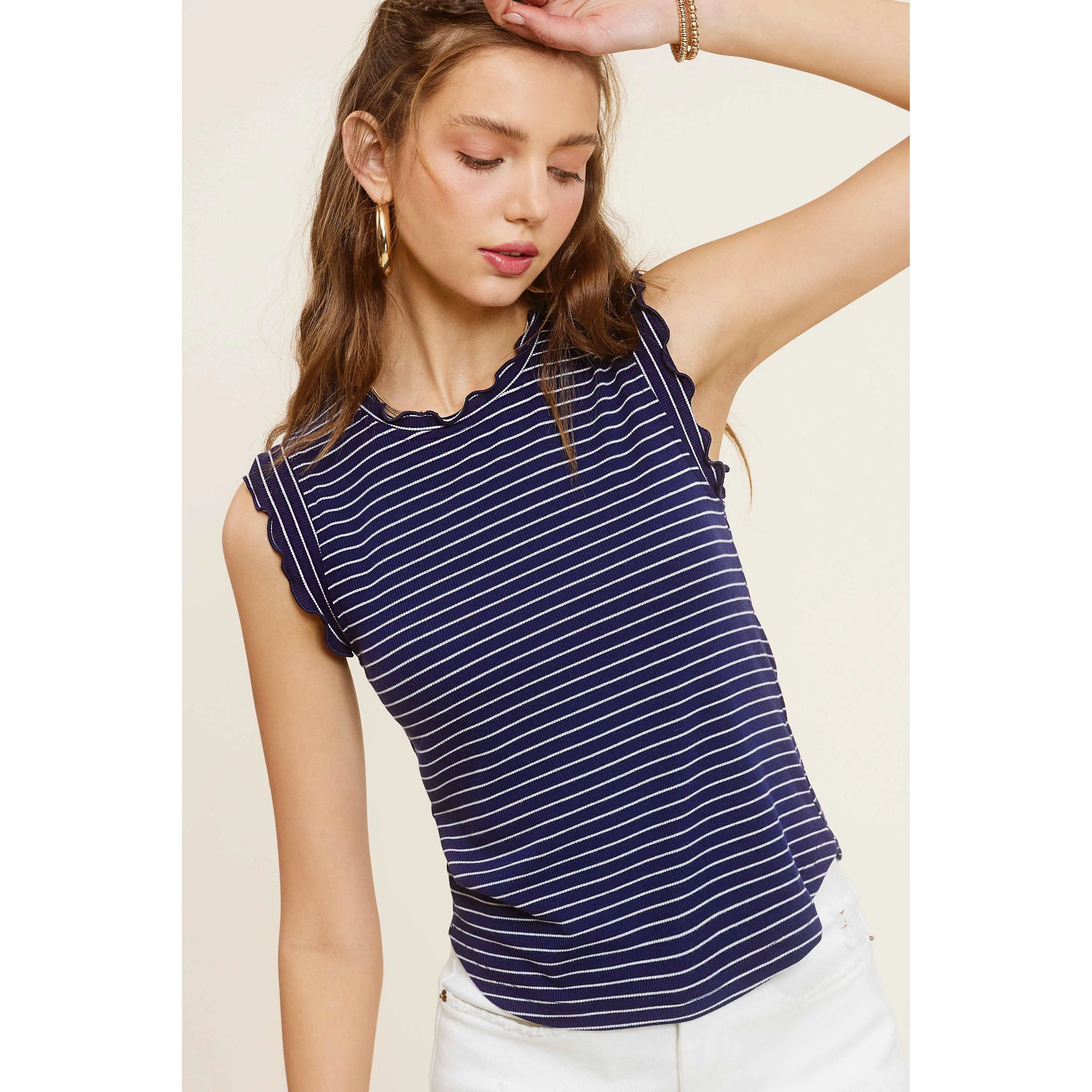 Brushed Stripe Ruffle Sleeve Spring Summer Top