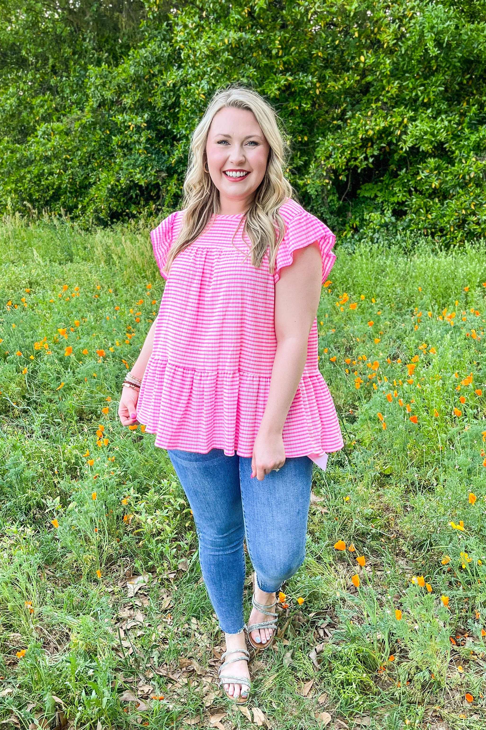 Choose Me Love Me Stripe Top, Bright Pink/White