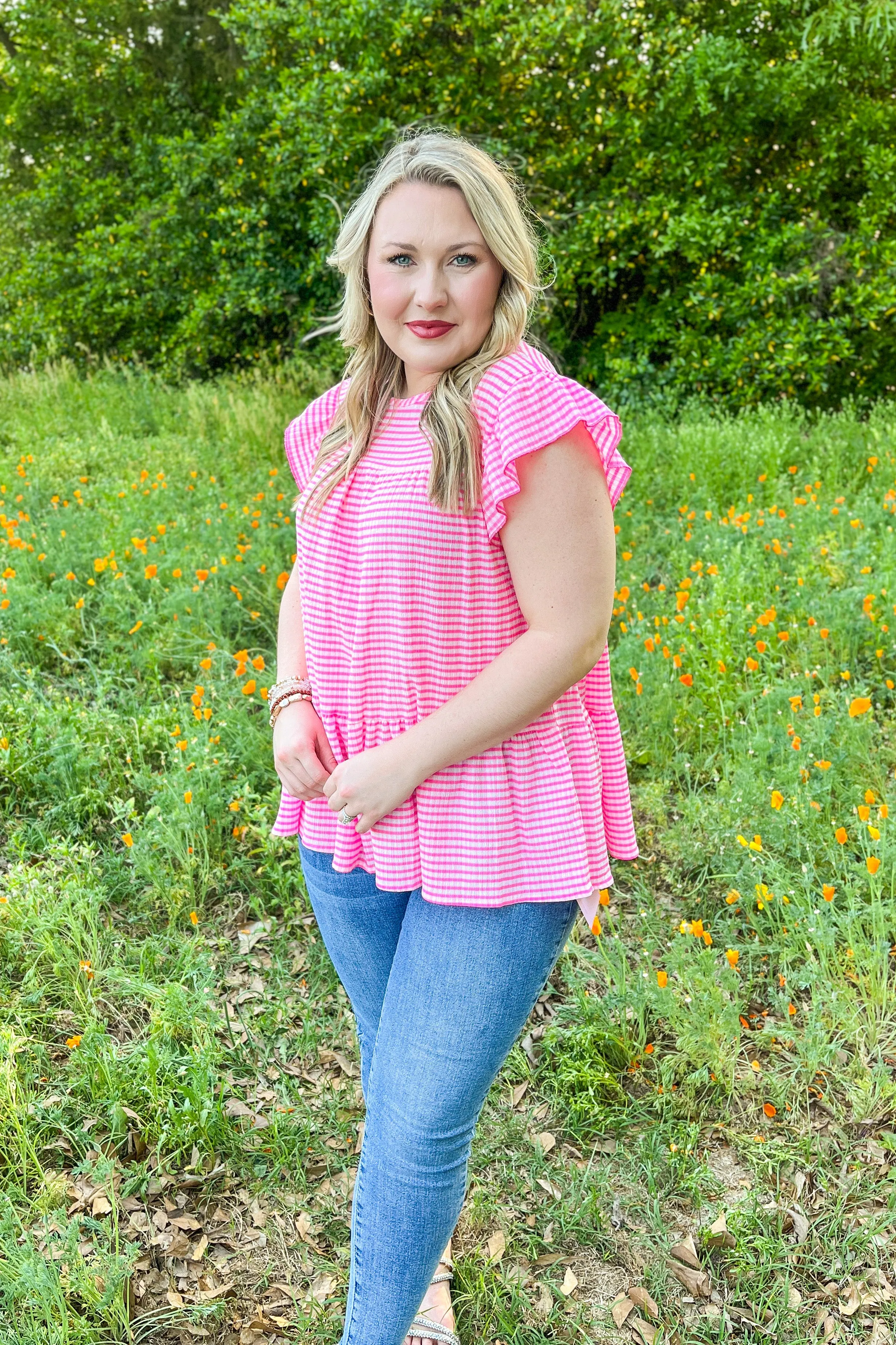 Choose Me Love Me Stripe Top, Bright Pink/White