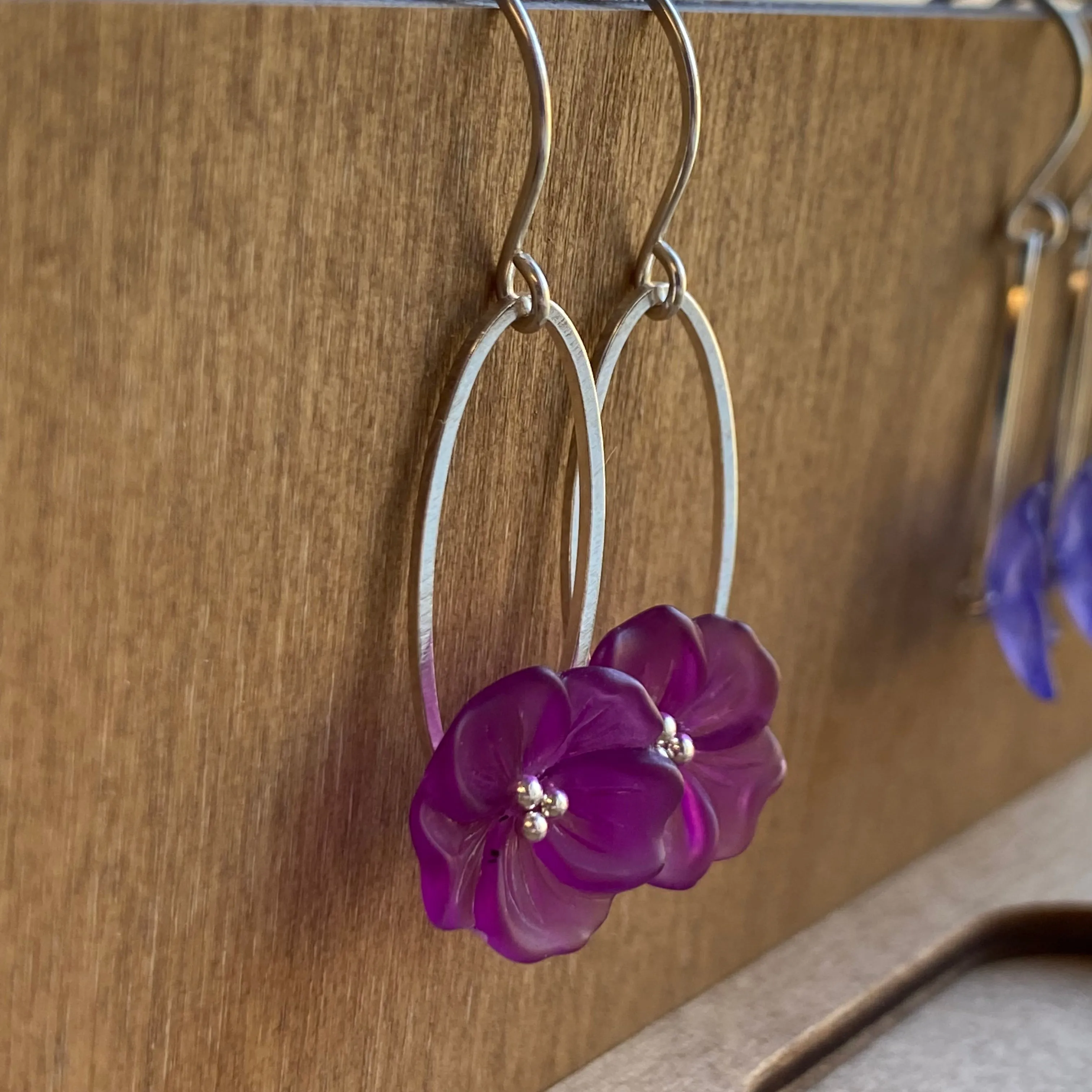 Clearance Purple flower earrings on silver ovals, sterling ear hooks