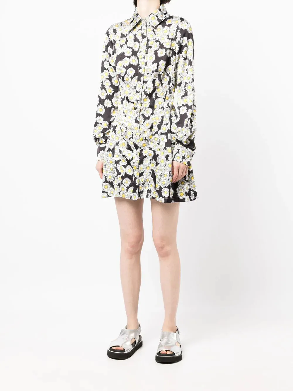 DAISY-PRINT PLEATED SHIRT DRESS BLK