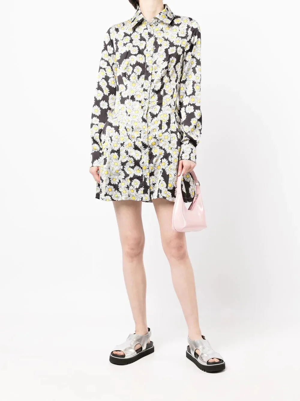 DAISY-PRINT PLEATED SHIRT DRESS BLK